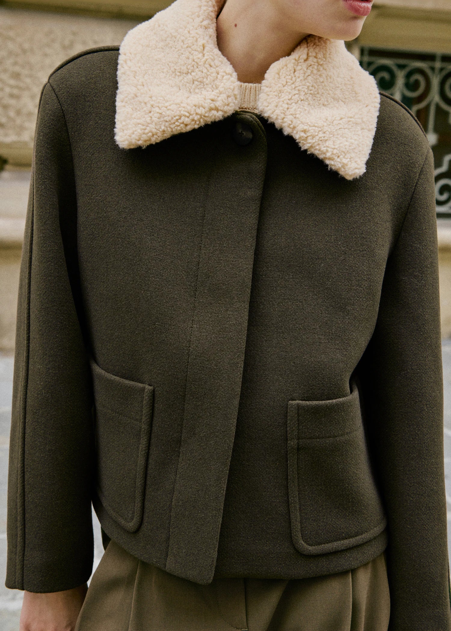 Wool Blend Jacket With Removable Shearling Collar