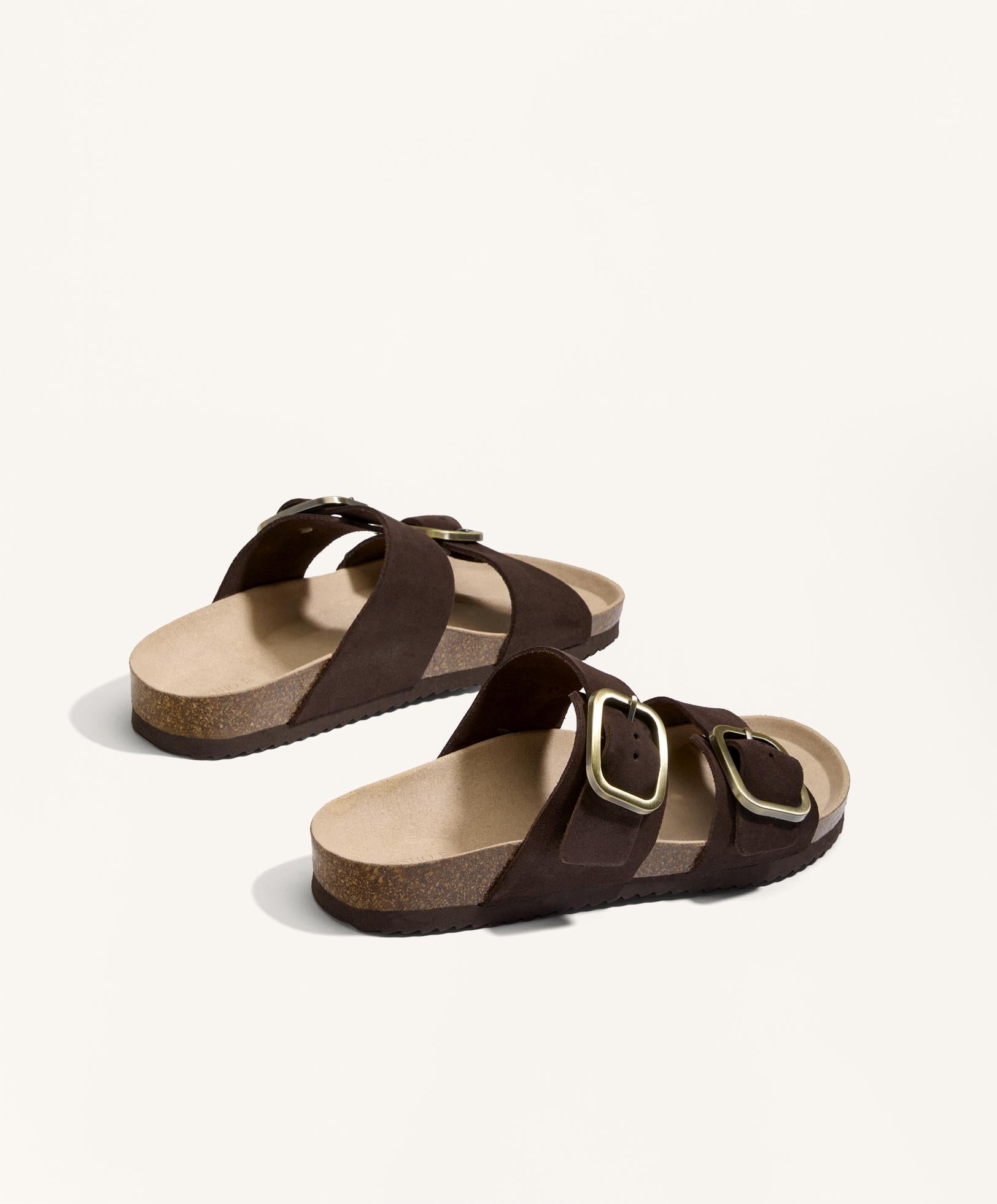 BUCKLE SPLIT LEATHER SLIDES