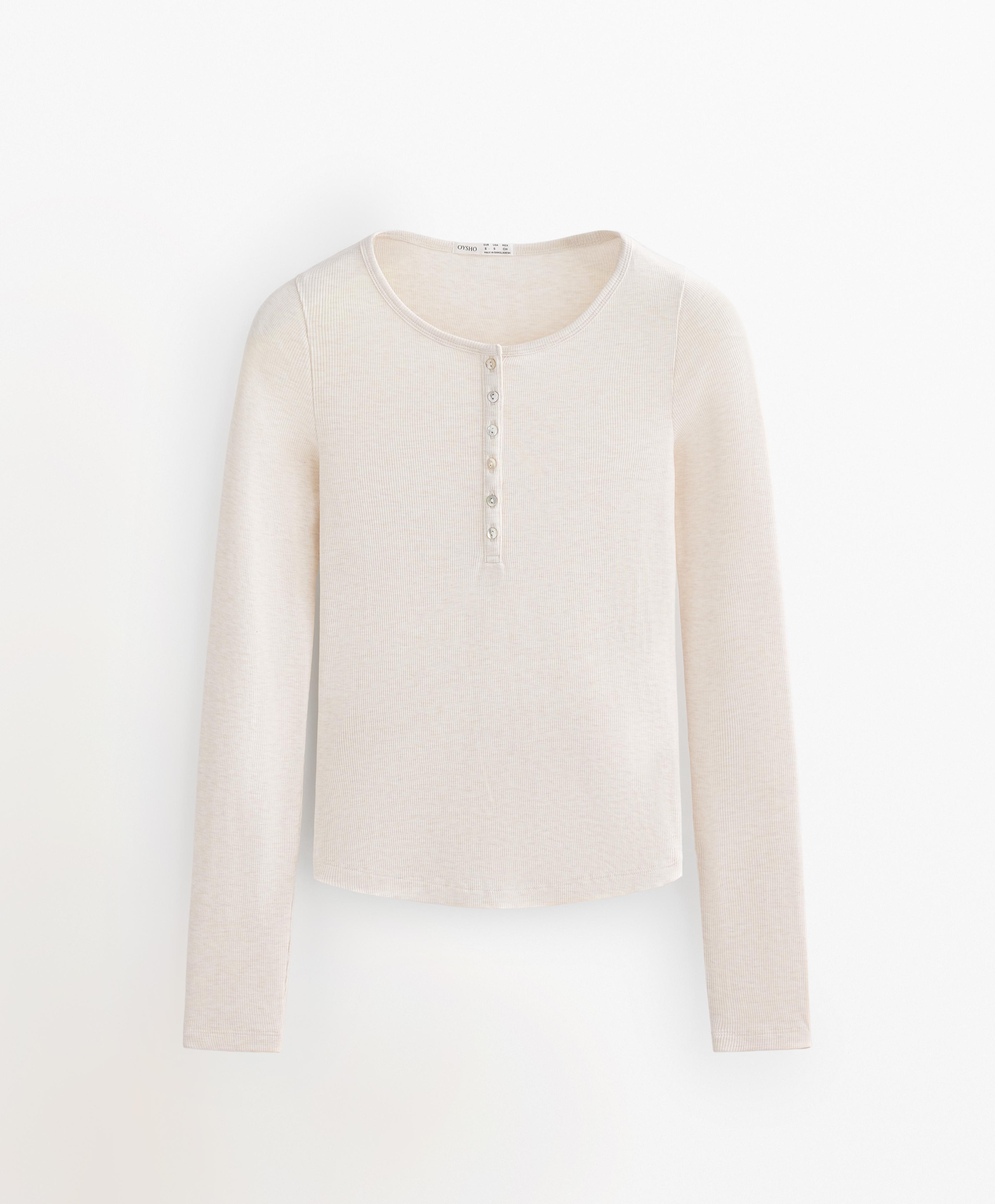 LONG SLEEVE BUTTON RIB T SHIRT WITH COTTON AND MODAL