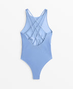 CROSSOVER STRAP PIQUE HALTERNECK SWIMSUIT