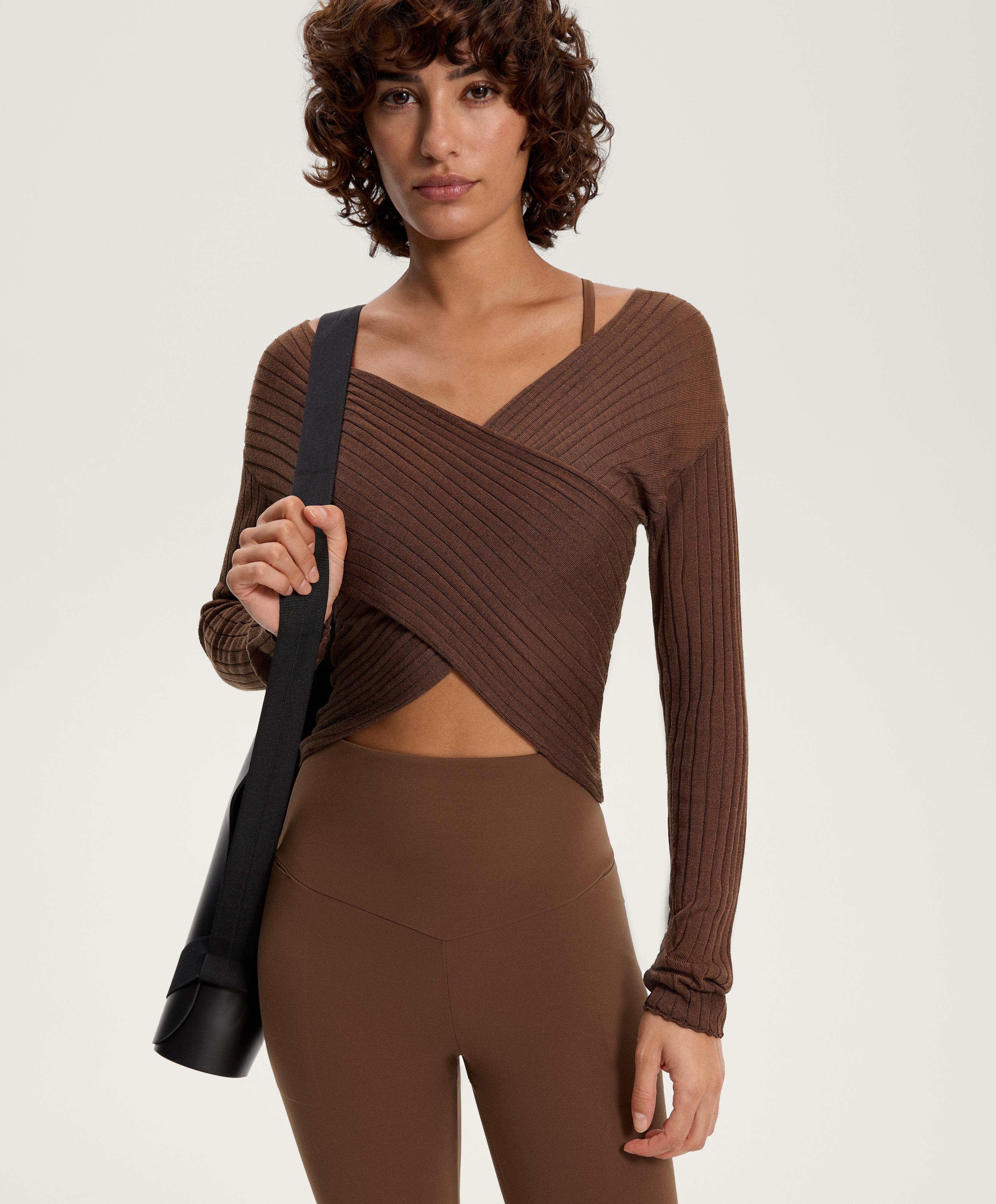 SEMI SHEER FINE KNIT RIB CROSSOVER JUMPER