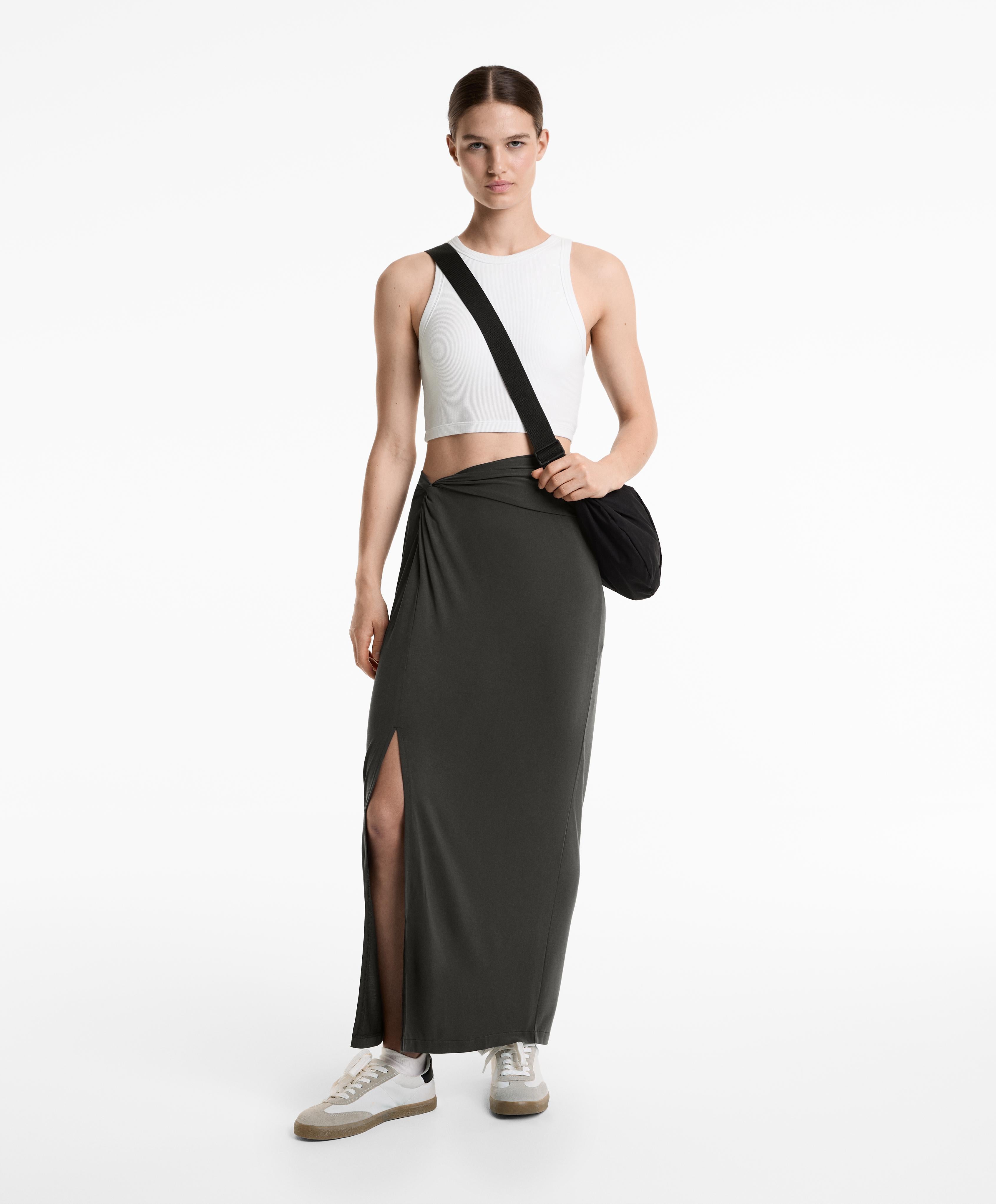 FLOWY TIE MIDI SKIRT WITH MODAL
