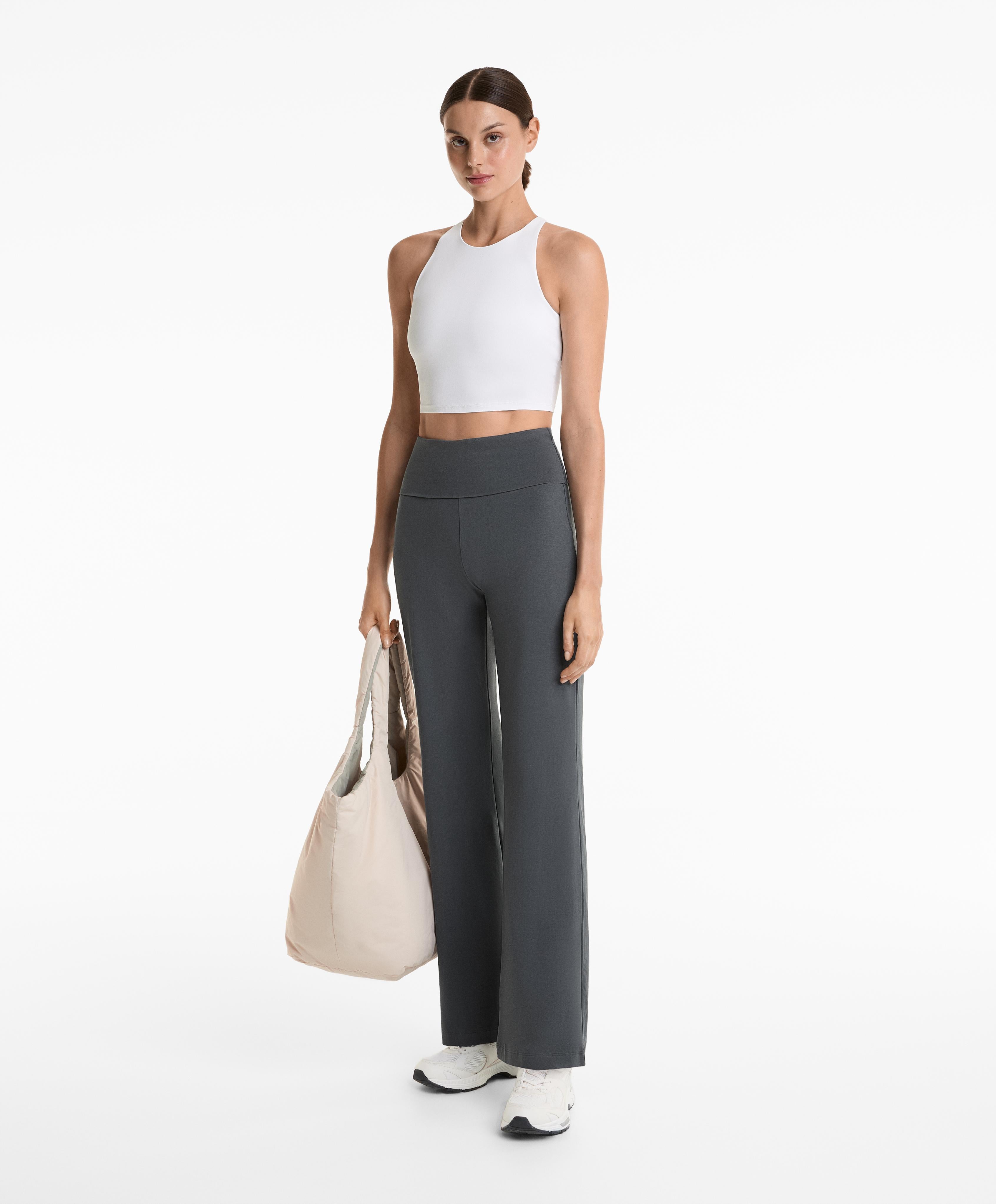 TURN UP WAIST FLARE LEG COTTON BLEND TROUSERS