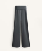 TURN UP WAIST FLARE LEG COTTON BLEND TROUSERS