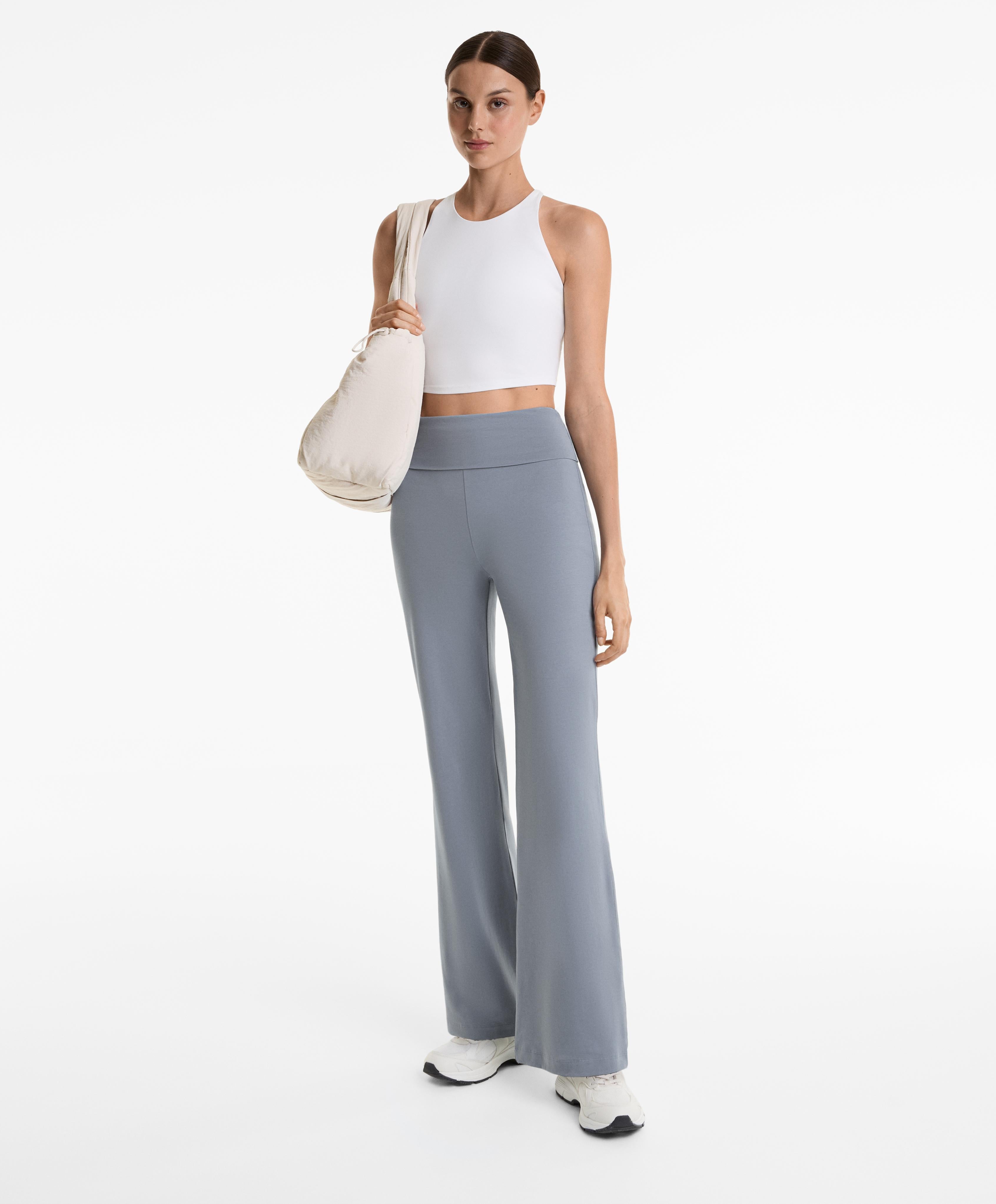 TURN UP WAIST FLARE LEG COTTON BLEND TROUSERS