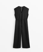 LINEN BLEND LONG JUMPSUIT WITH GATHERED WAIST