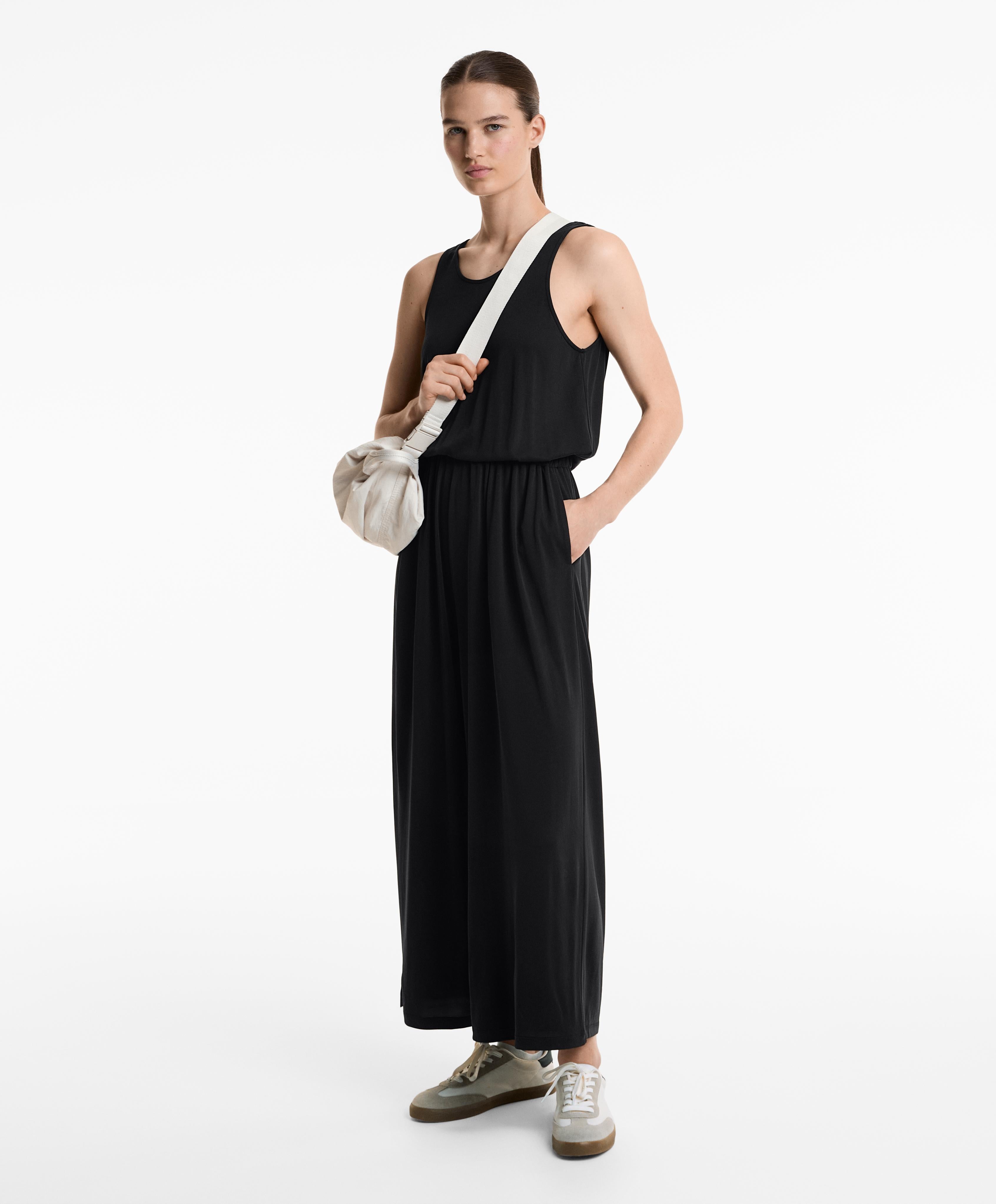CROSSOVER BACK FLOWY MIDI JUMPSUIT WITH MODAL
