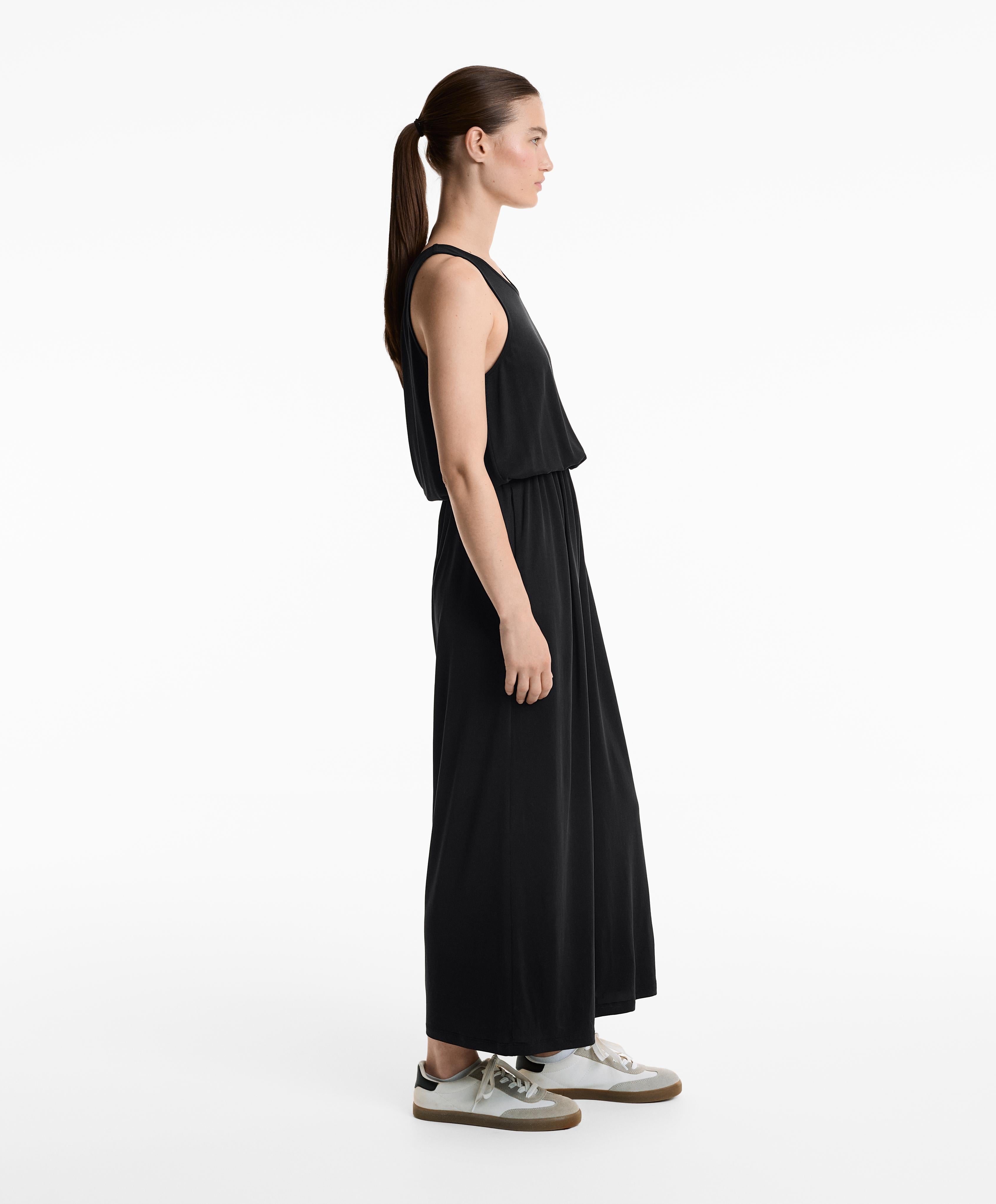 CROSSOVER BACK FLOWY MIDI JUMPSUIT WITH MODAL