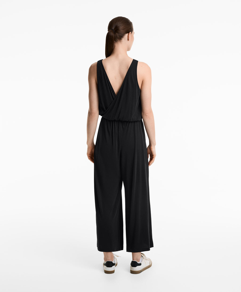 CROSSOVER BACK FLOWY MIDI JUMPSUIT WITH MODAL