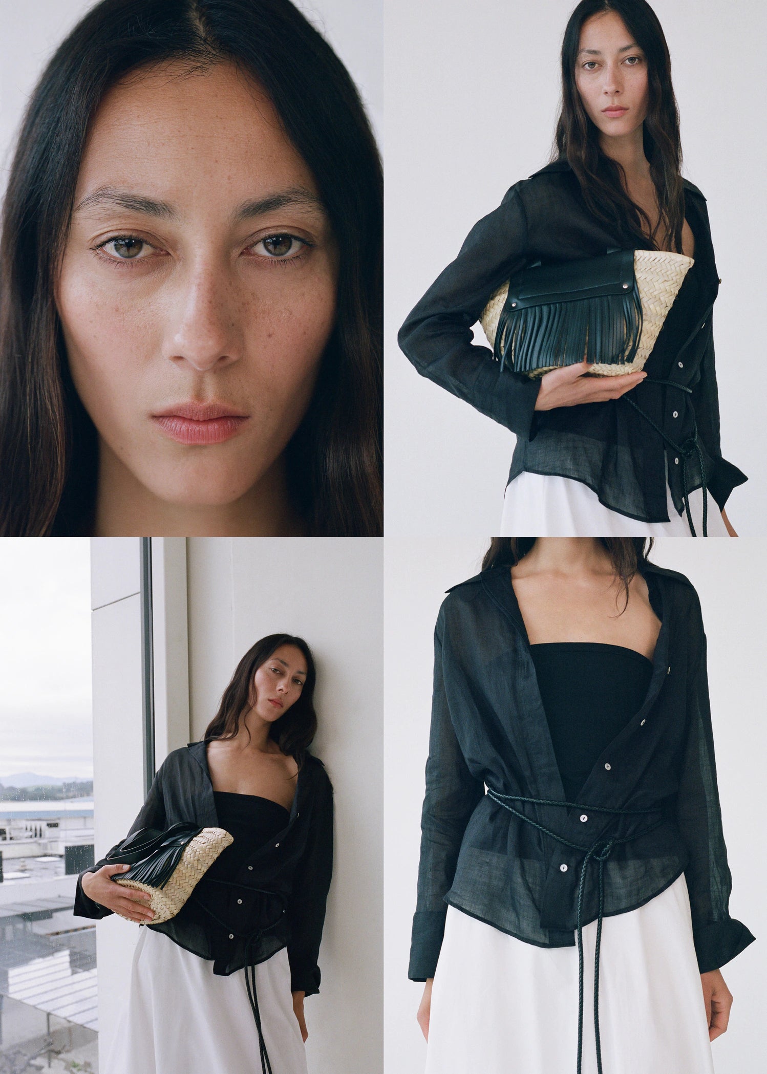 Small Natural Fibre Basket With Leather Fringes Black