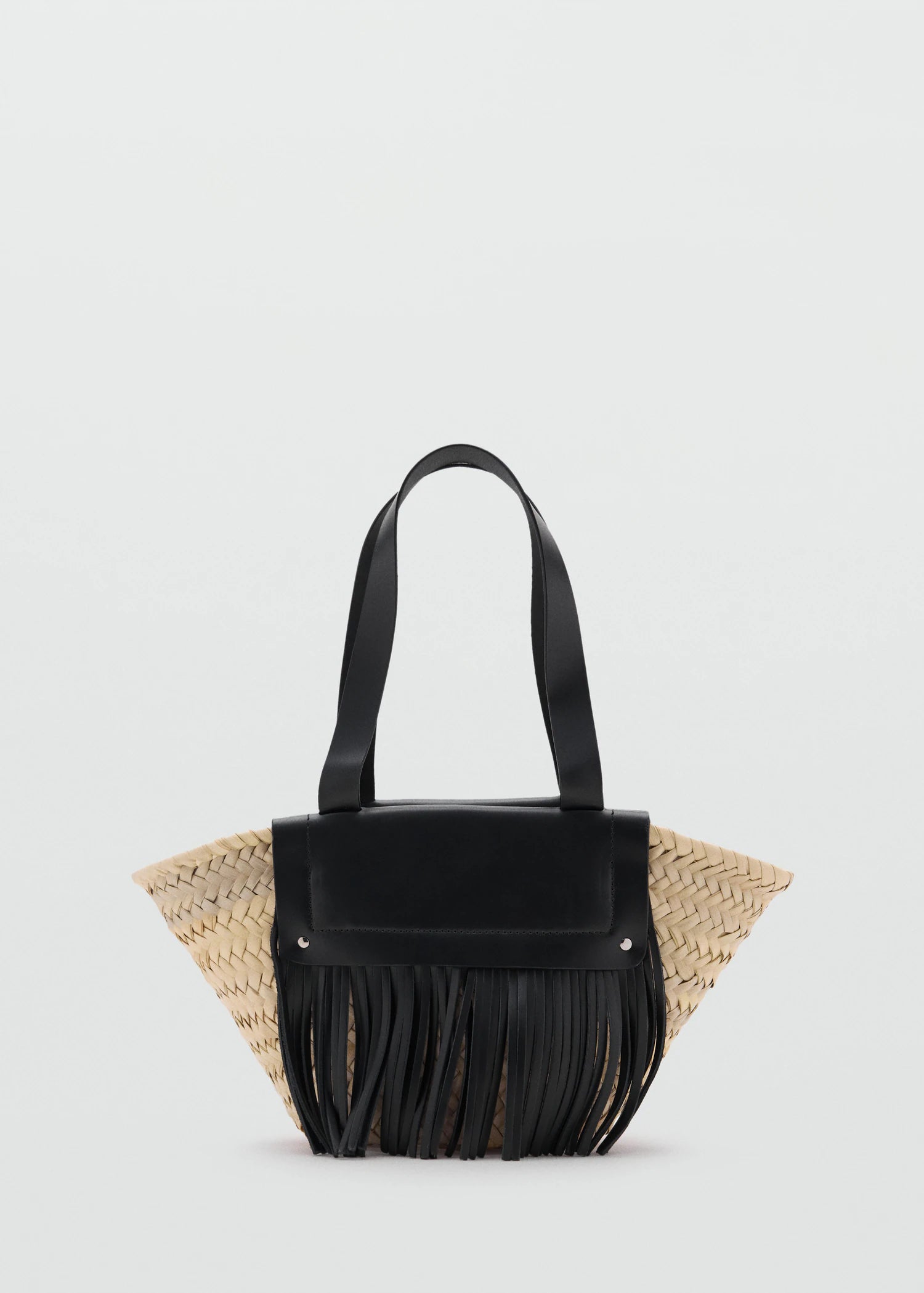 Small Natural Fibre Basket With Leather Fringes Black
