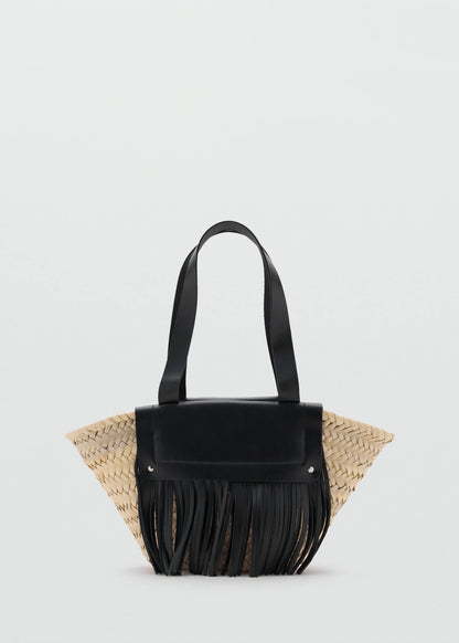 Small Natural Fibre Basket With Leather Fringes Black