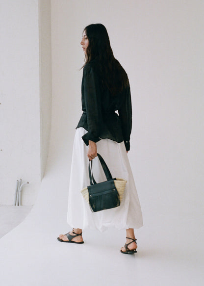 Small Natural Fibre Basket With Leather Fringes Black