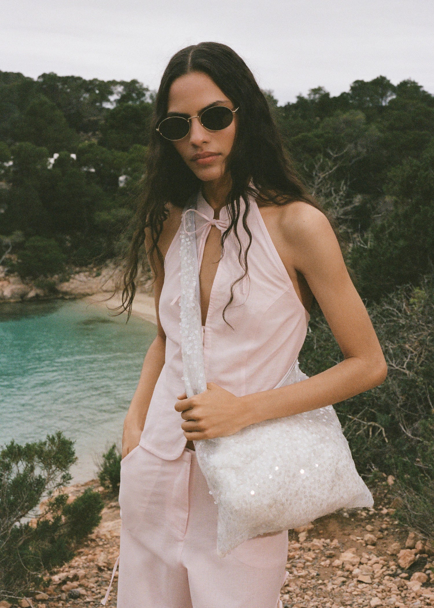 Sequinned Shoulder Bag White