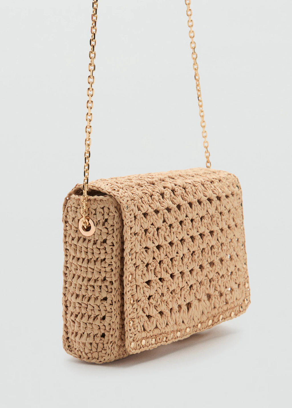 Natural Fibre Shoulder Bag With Studs Beige