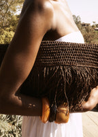 Natural Fibre Handbag With Fringes Chocolate