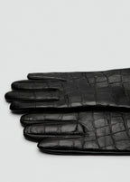 Long Croc Effect Leather Gloves Black