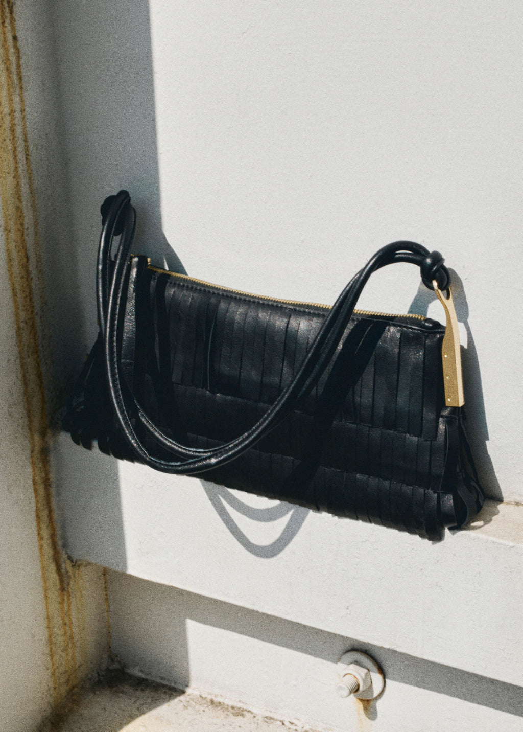Leather Shoulder Bag With Fringes Black
