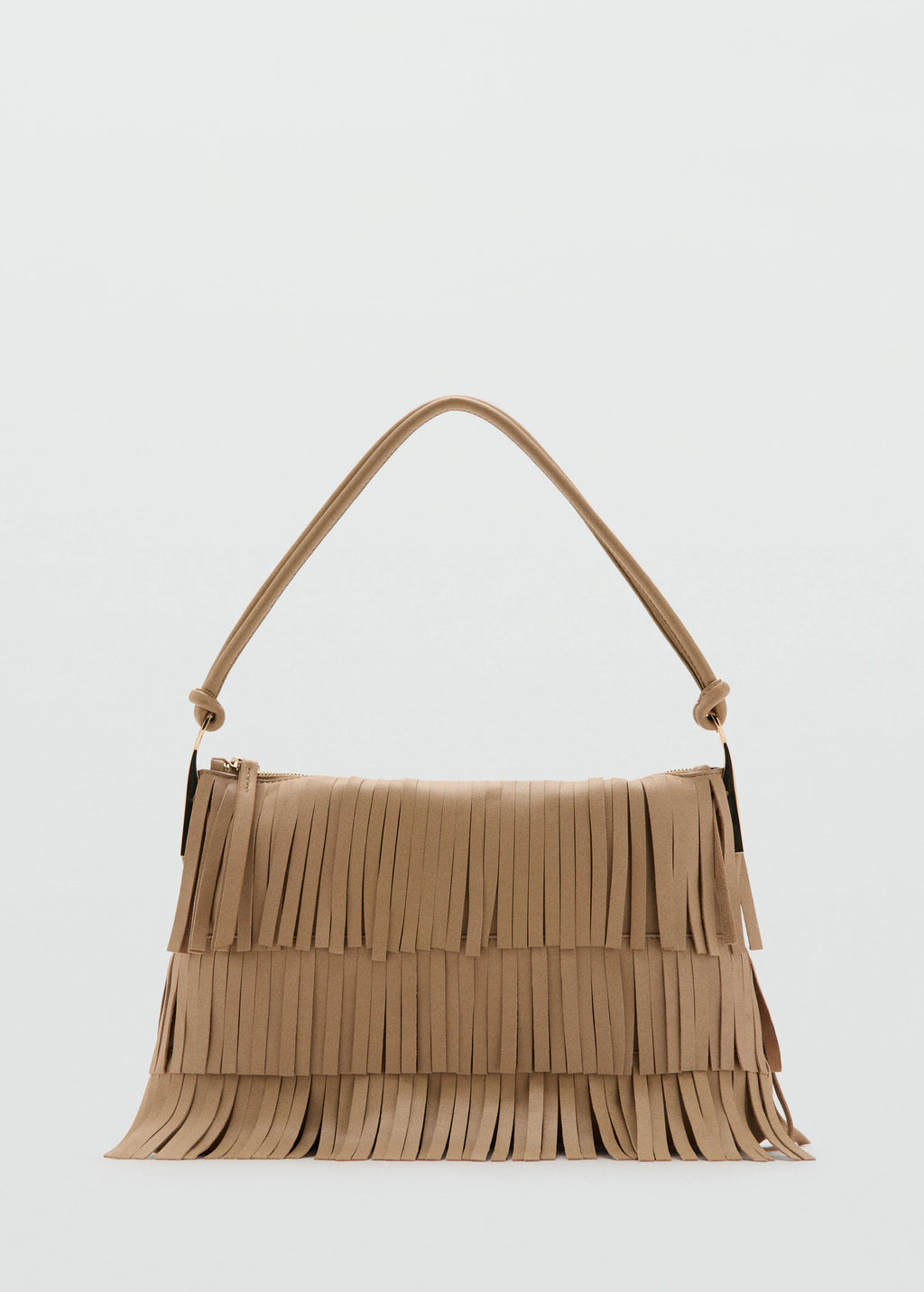 Large Leather Shoulder Bag With Fringes Beige