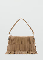 Large Leather Shoulder Bag With Fringes Beige
