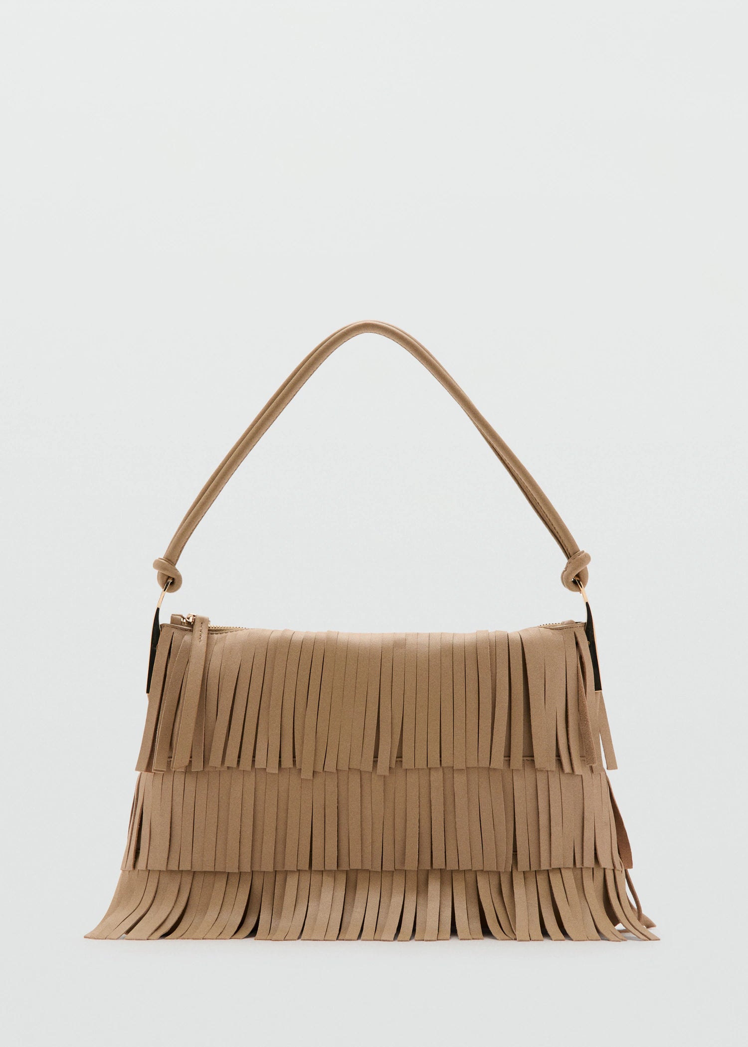 Large Leather Shoulder Bag With Fringes Beige