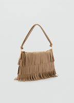 Large Leather Shoulder Bag With Fringes Beige