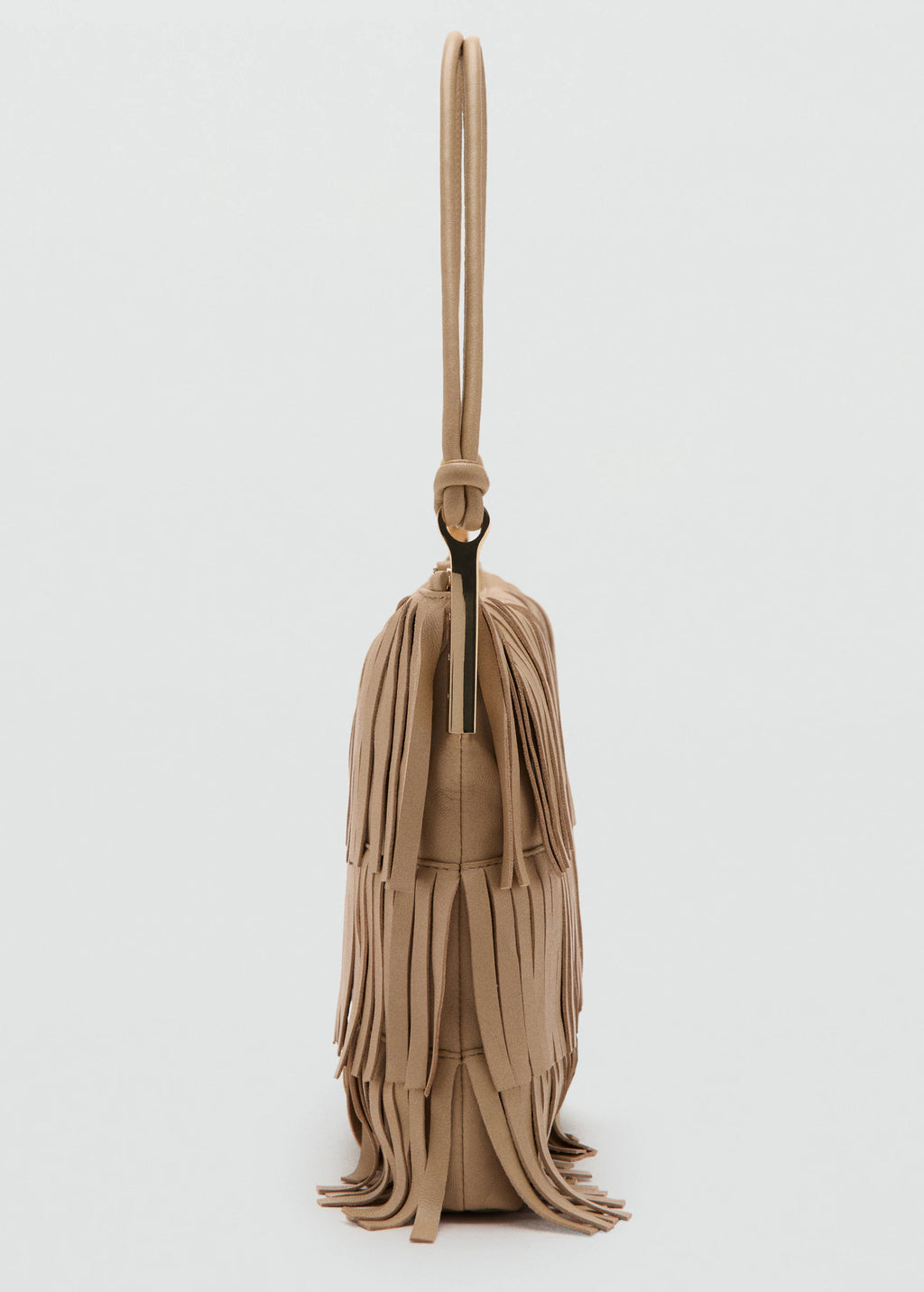 Large Leather Shoulder Bag With Fringes Beige