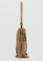 Large Leather Shoulder Bag With Fringes Beige