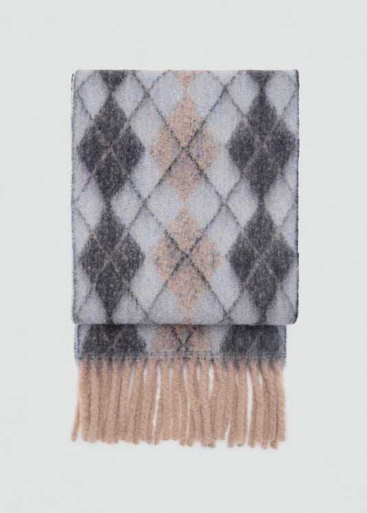 Diamond Pattern Scarf With Fringes Blue