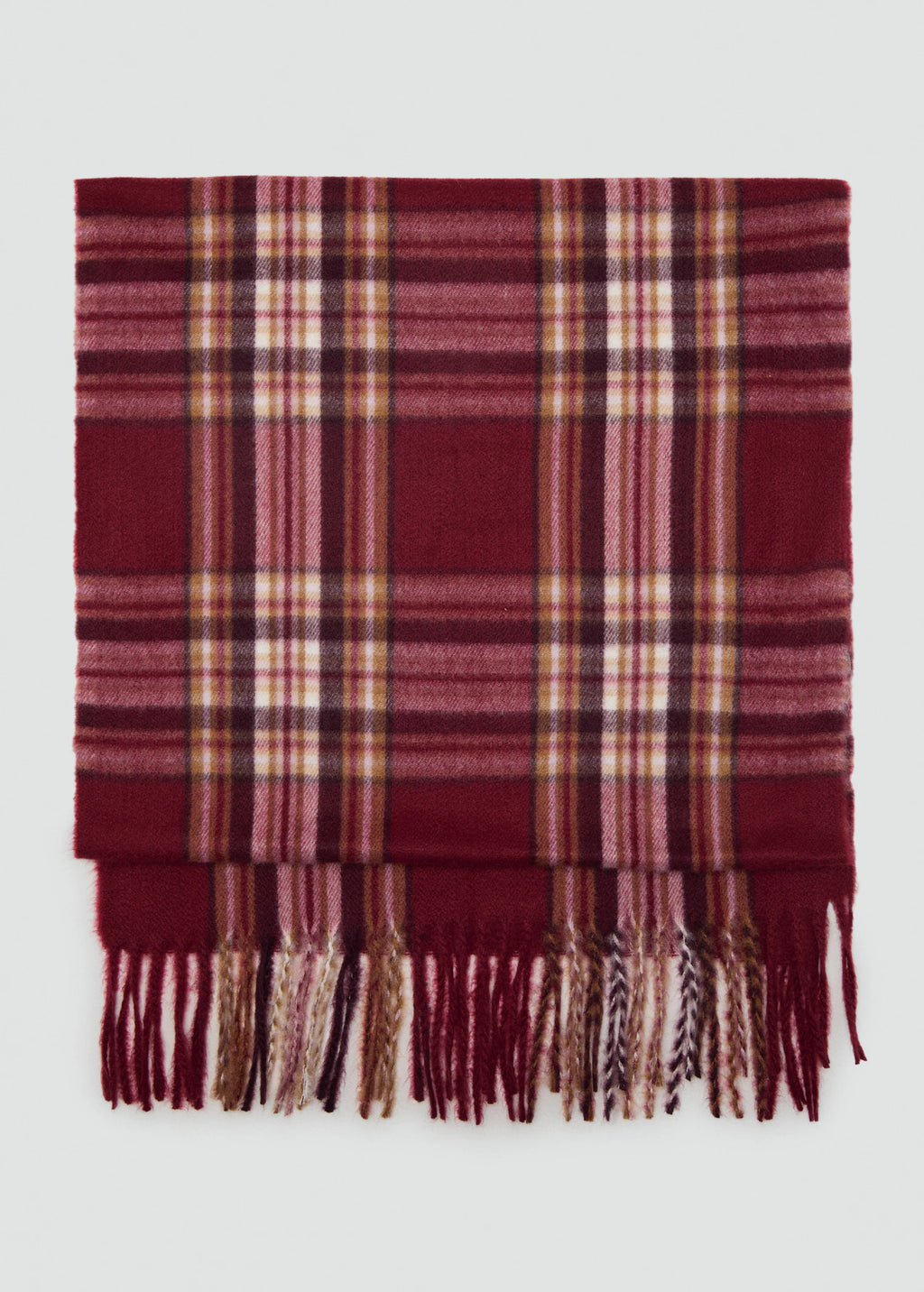Check Scarf With Fringed Ends Burgundy
