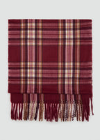 Check Scarf With Fringed Ends Burgundy
