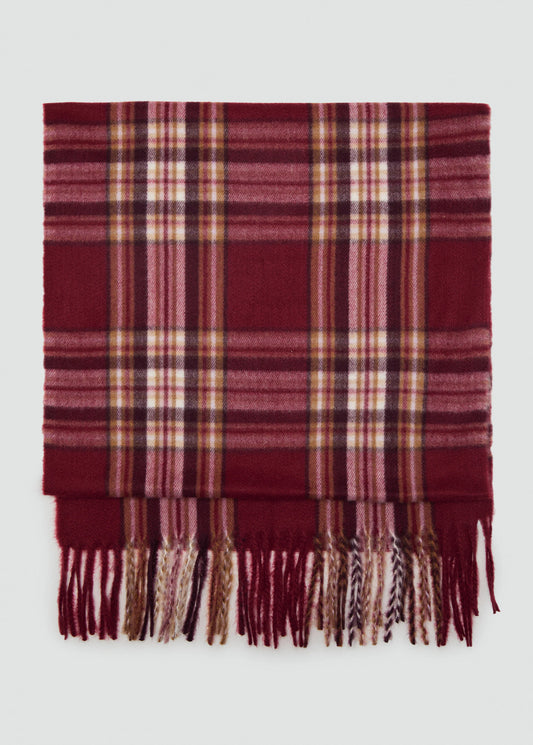 Check Scarf With Fringed Ends Burgundy