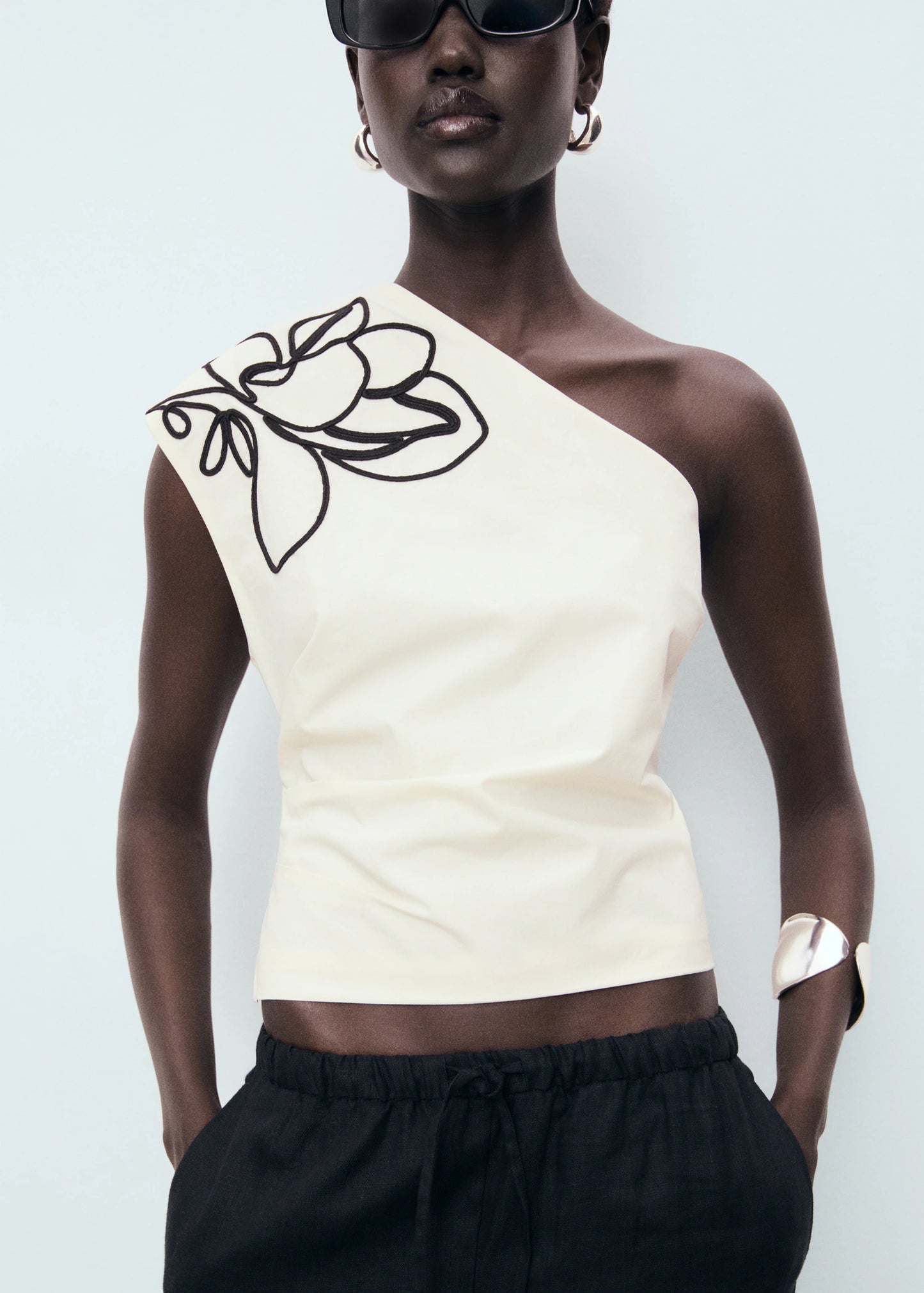 Asymmetrical Flower Embroidered Top