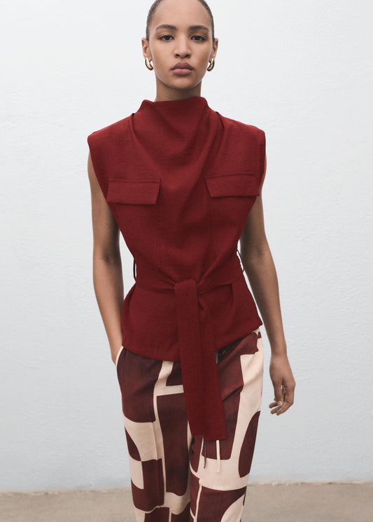 Blouse With Draped Neck And Belt