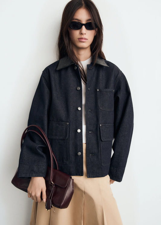 Denim Jacket With Leather Effect Collar