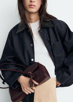 Denim Jacket With Leather Effect Collar