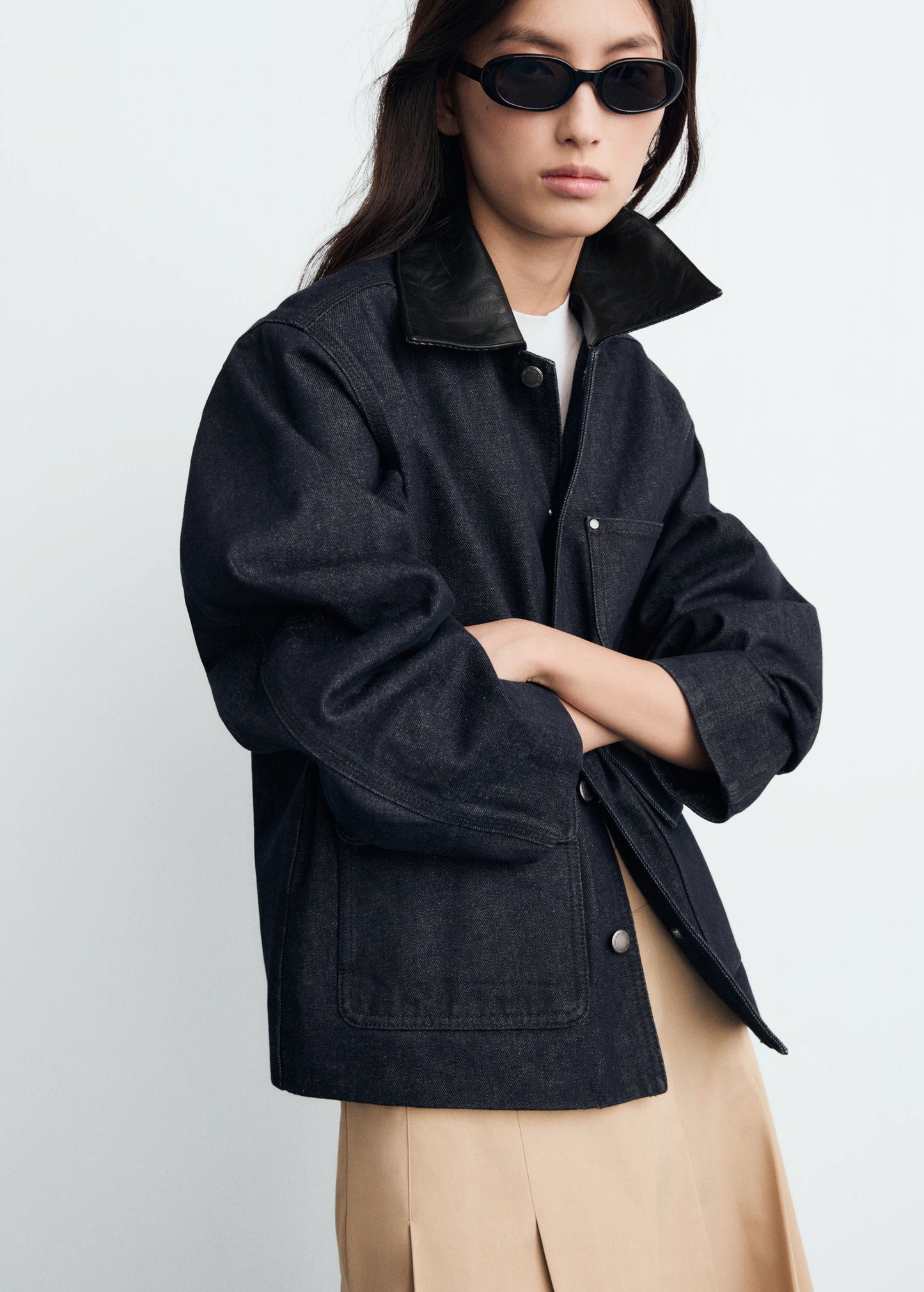 Denim Jacket With Leather Effect Collar