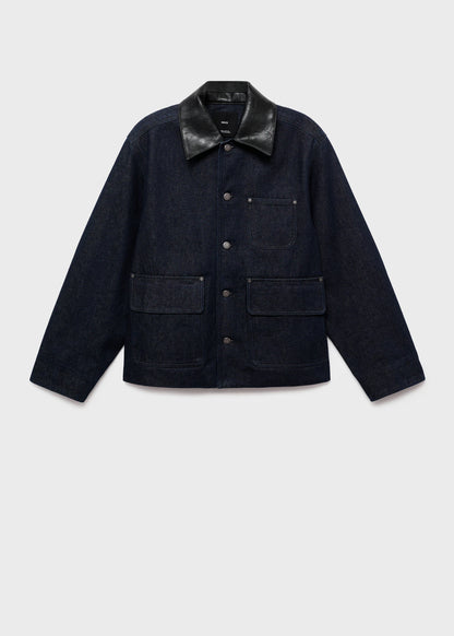 Denim Jacket With Leather Effect Collar