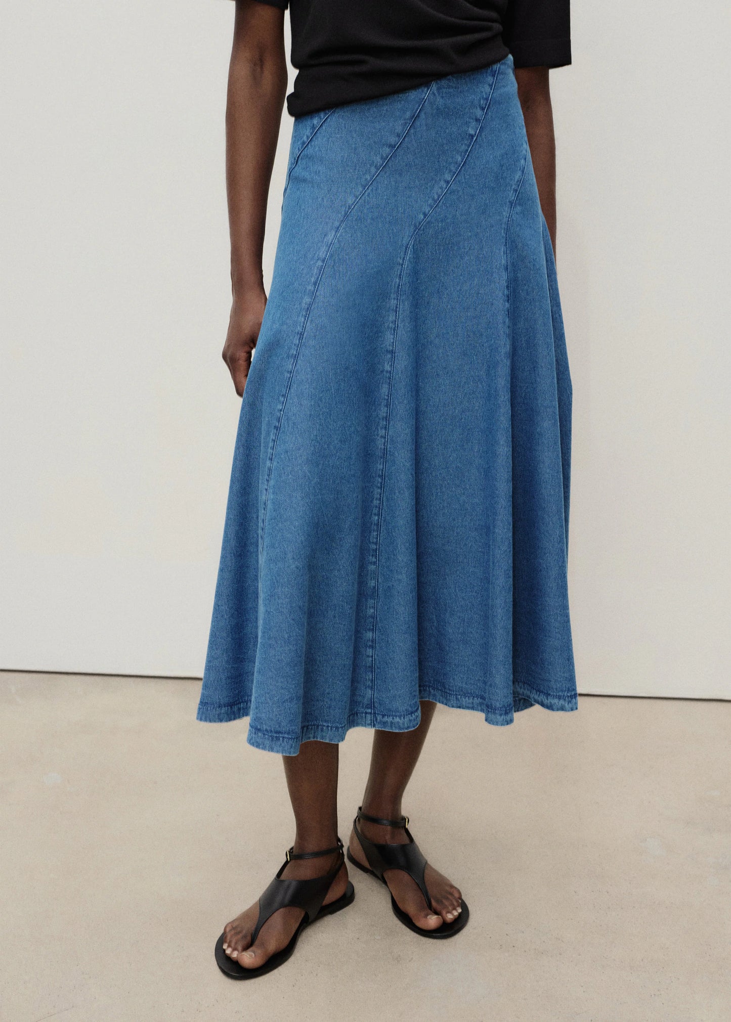 Denim Midi Skirt With Stitching