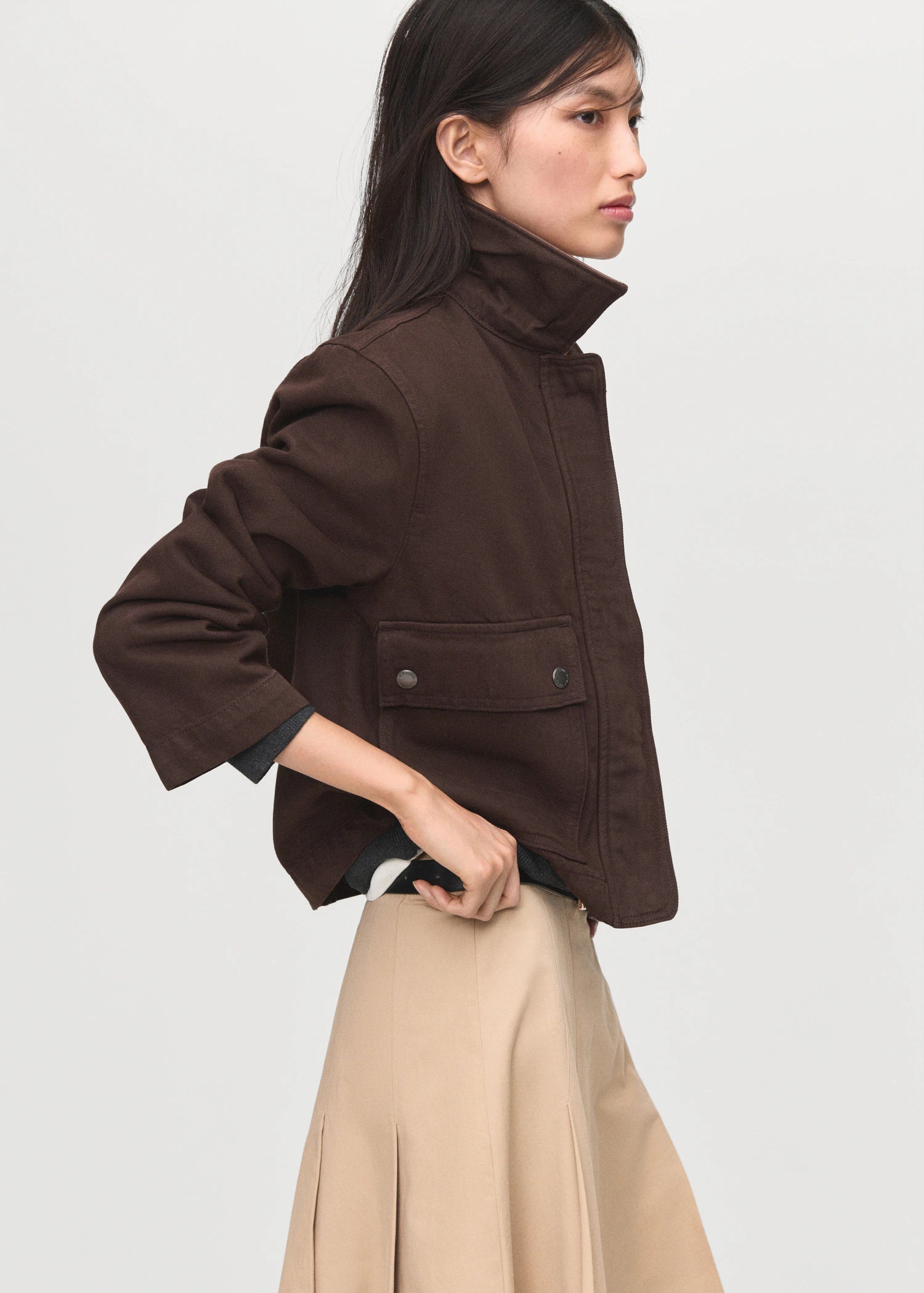 Denim Parka With Leather Effect Collar