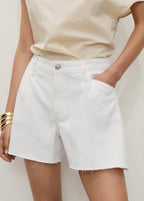 Denim Shorts With Frayed Hem And Pleats