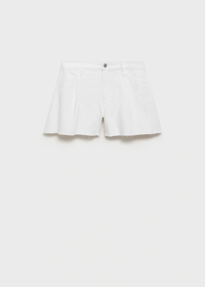 Denim Shorts With Frayed Hem And Pleats