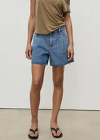 Denim Shorts With Frayed Hem And Pleats