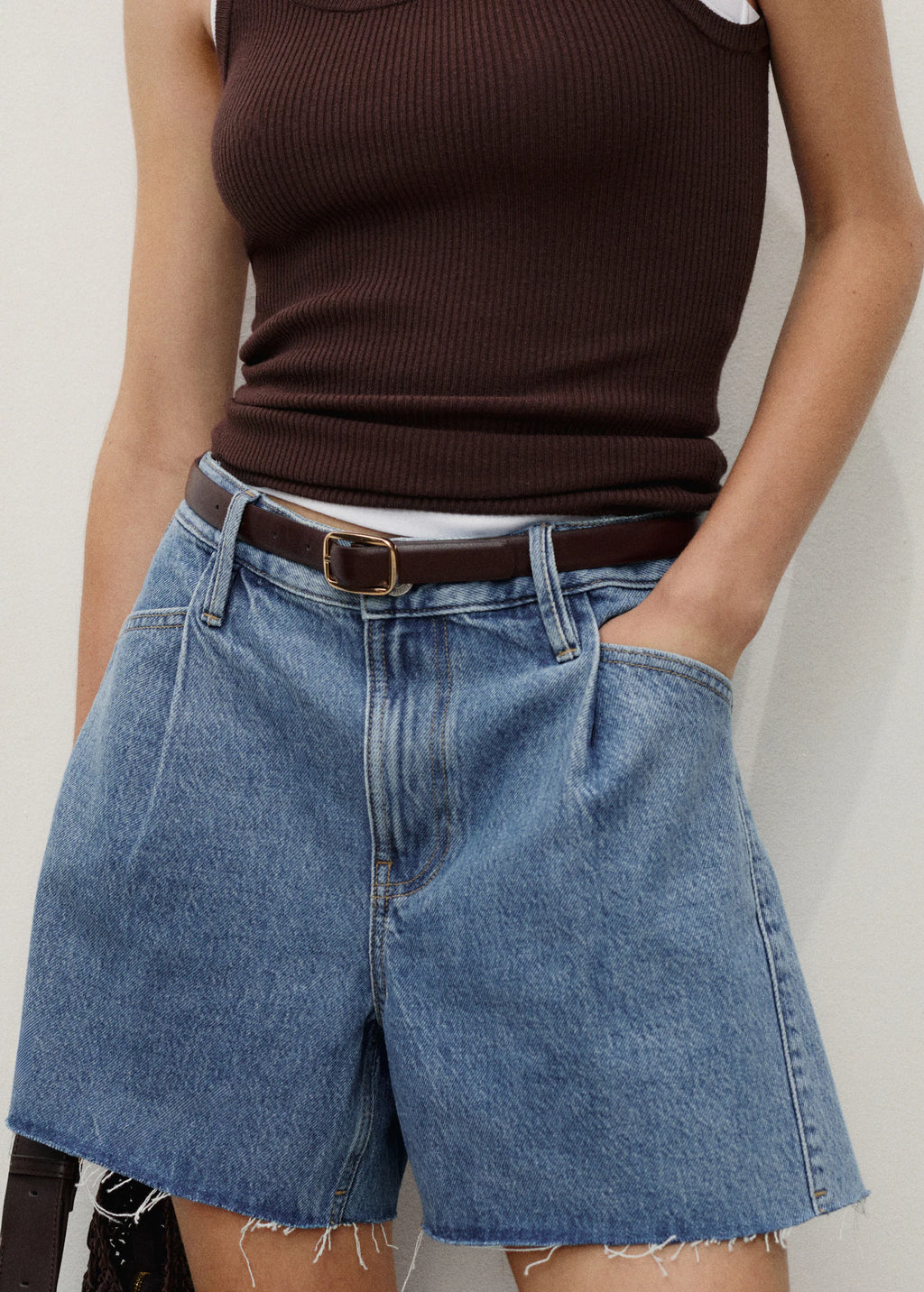 Denim Shorts With Frayed Hem And Pleats