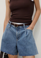 Denim Shorts With Frayed Hem And Pleats