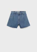 Denim Shorts With Frayed Hem And Pleats