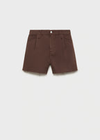 Denim Shorts With Frayed Hem And Pleats