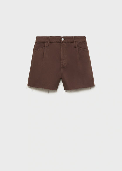 Denim Shorts With Frayed Hem And Pleats