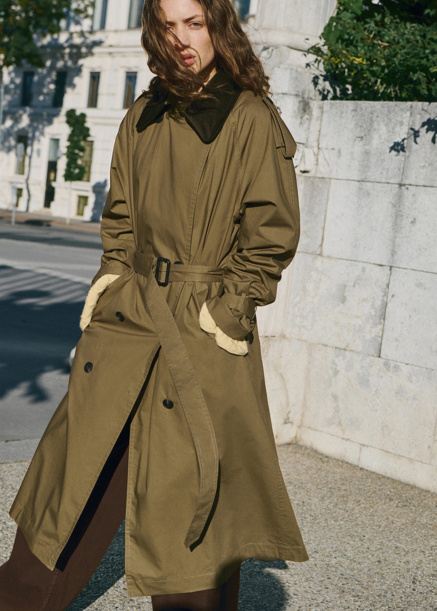 Double Breasted Trench Coat With Corduroy Collar