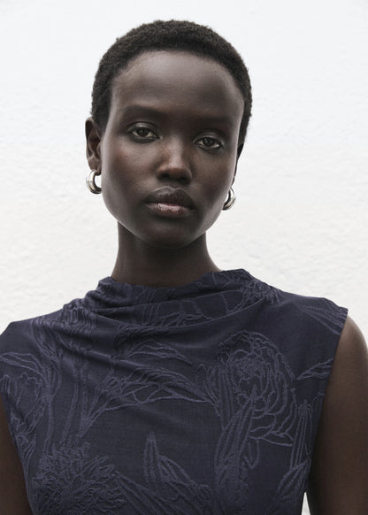 Embroidered Dress With Draped Collar